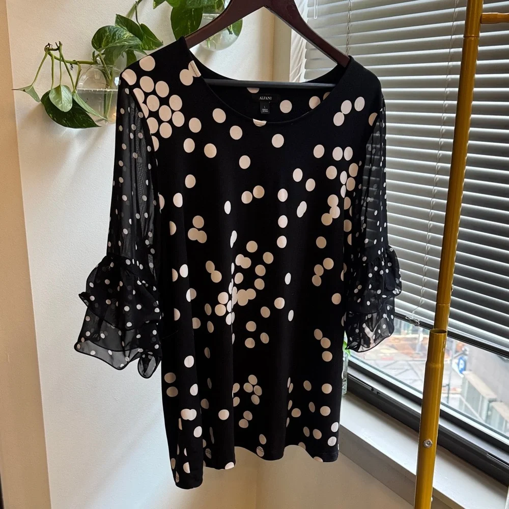 Alfani Black Blouse with White Polka Dots - Picture 1 of 6